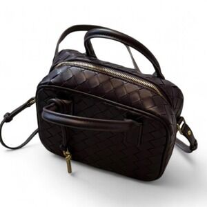 Woven Faux Leather Dark Brown‎ Square Bag
